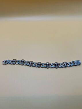 Silver Skull Link Bracelet with Rhinestone- Pave Accent Chain